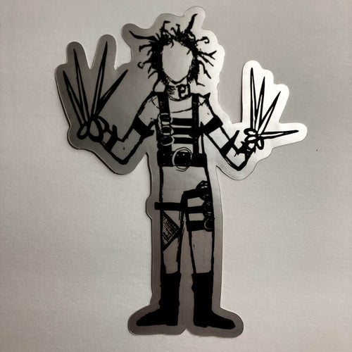 Black and white silhouette of a character with long hair and clawed hands on a gray background