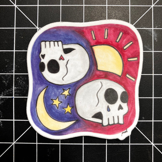 Happy/Sad Yin/Yang Skulls Vinyl Sticker